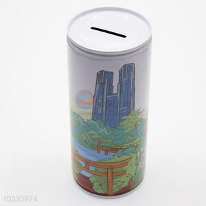 Kids Iron Money Box Shaped in cylinder with Modern Building Pattern