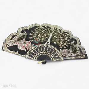 Hot Sale Black Summer Hand Fan with Peafowls Pattern