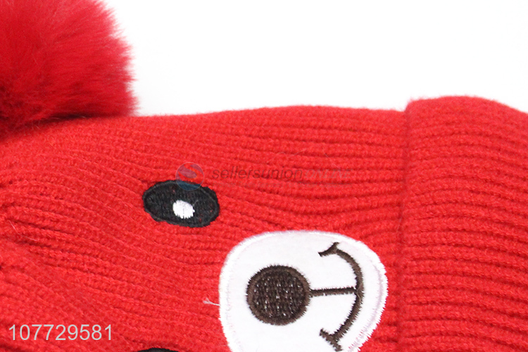 Factory price cute embroidery beanies children outdoor hat with pompom