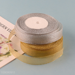 New Product 2cm*25 Yards Gold Silver Polyester <em>Ribbon</em> for Gift Wrapping Diy Crafts