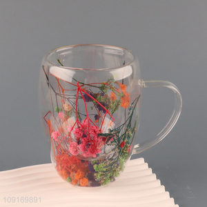 Popular products double wall dried flower <em>glass</em> water <em>cup</em> with handle