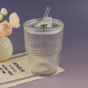 Good Quality 350Ml Clear <em>Glass</em> Ice Coffee <em>Cup</em> with Lid & Straw