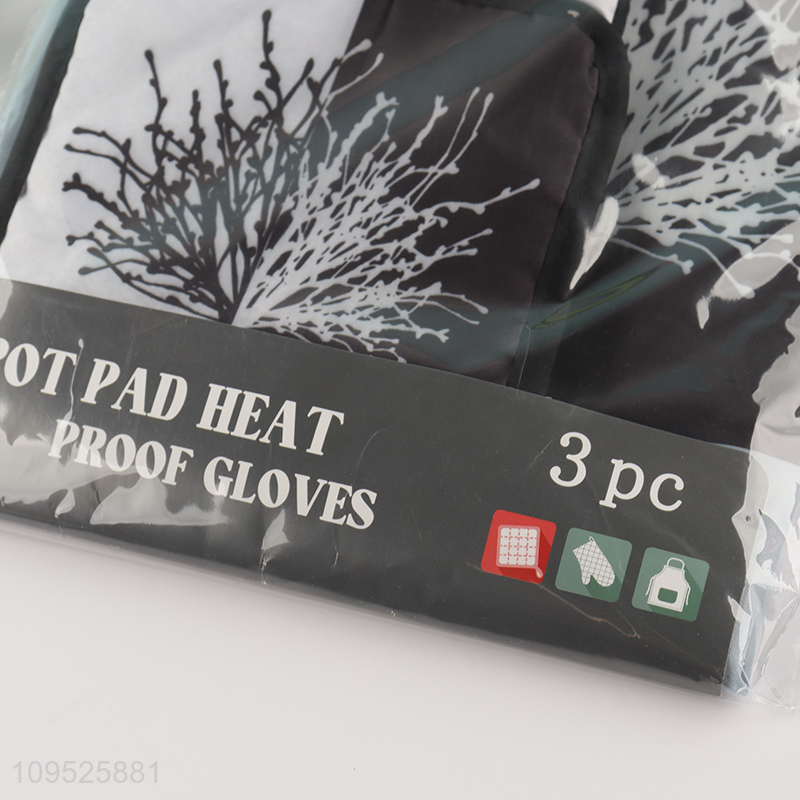 Low price 3pcs kitchen apron heat pad oven mitts set